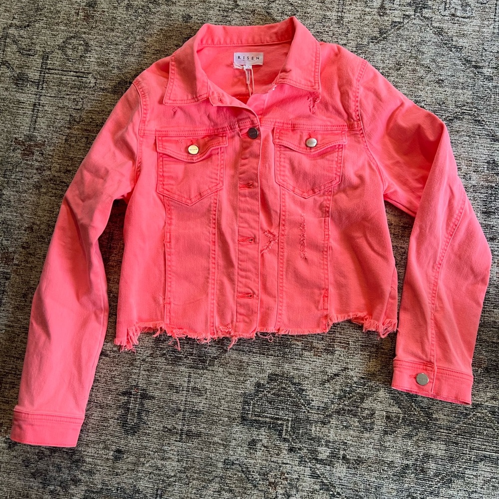 Risen Distressed Neon Coral Jean Jacket Large